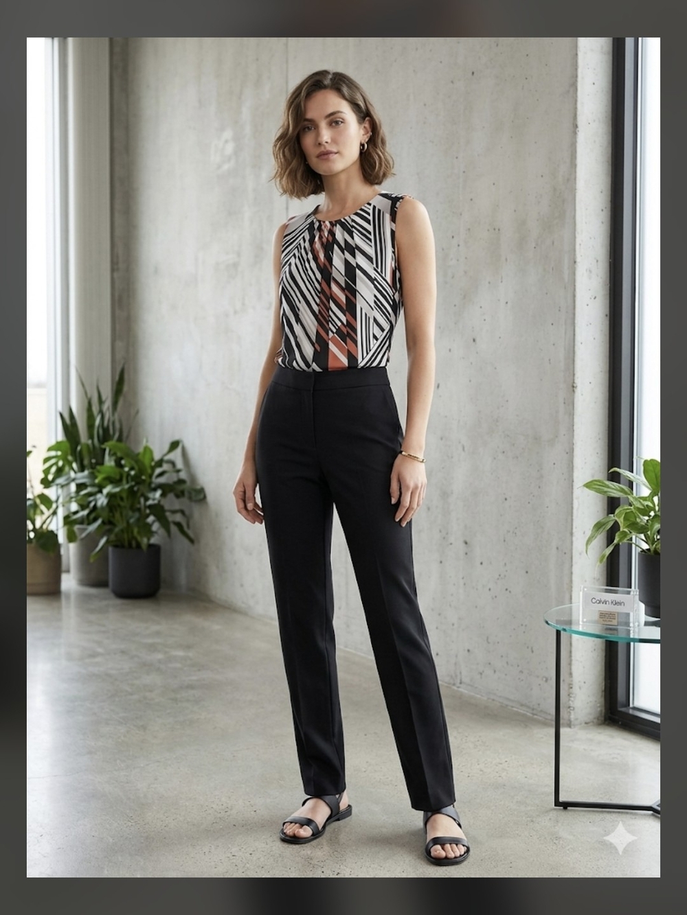 Calvin Klein Black Straight-Leg Trousers with Patterned Top Accent